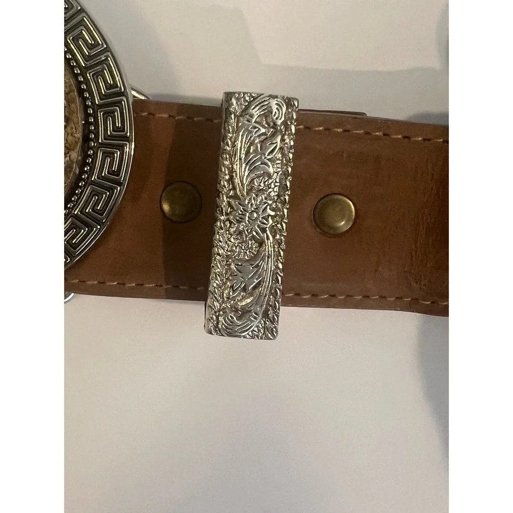 Nocona Genuine Leather Belt Size 42 w/ Gothic Skull Belt Buckle Greek Key Biker